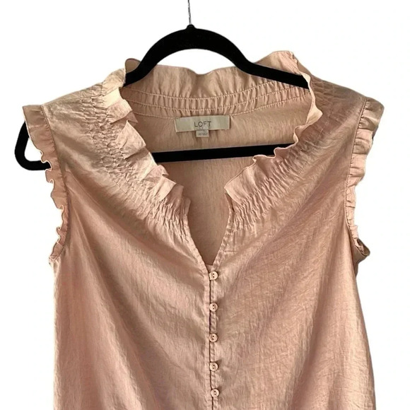 LOFT NWOT RUFFLE CAP SLEEVE BUTTON FRONT DRAWSTRING WAIST TOP PEACH | SIZE: XS - Picture 2 of 7